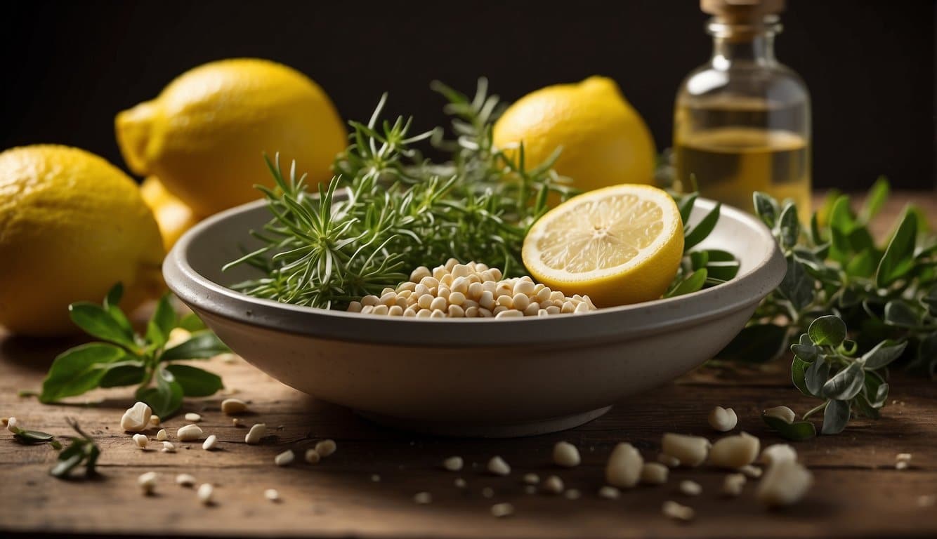 A bowl of natural ingredients, such as vinegar, lemon, and essential oils, sits on a table surrounded by scattered flea collars and a vacuum cleaner