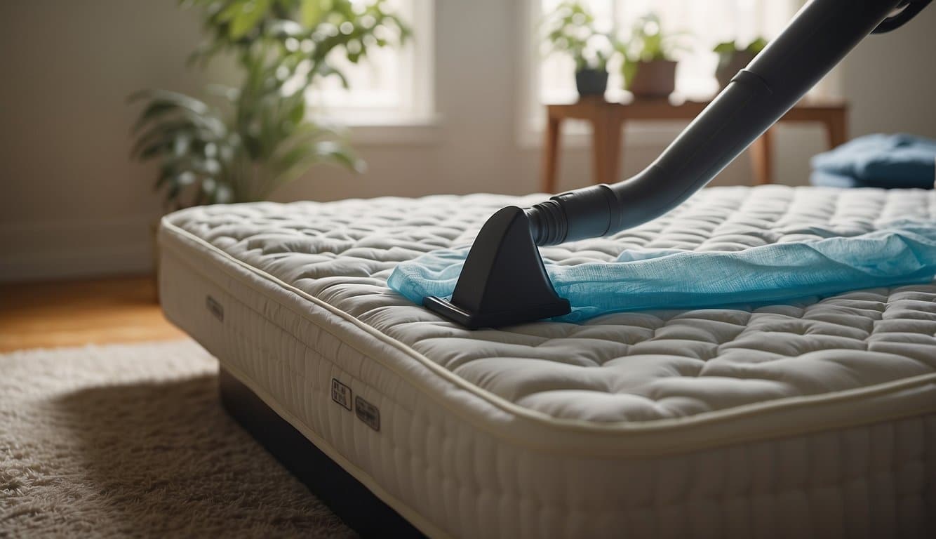 A mattress with visible bed bugs and eggs, surrounded by clutter and crevices. A person vacuuming and applying insecticide to furniture and baseboards