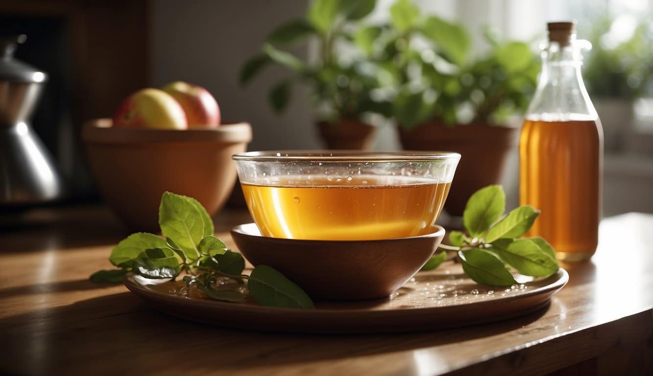 A small bowl of apple cider vinegar with a few drops of dish soap sits on the kitchen counter, surrounded by ripe fruit and potted plants. Gnats are drawn to the mixture and become trapped in the soapy liquid