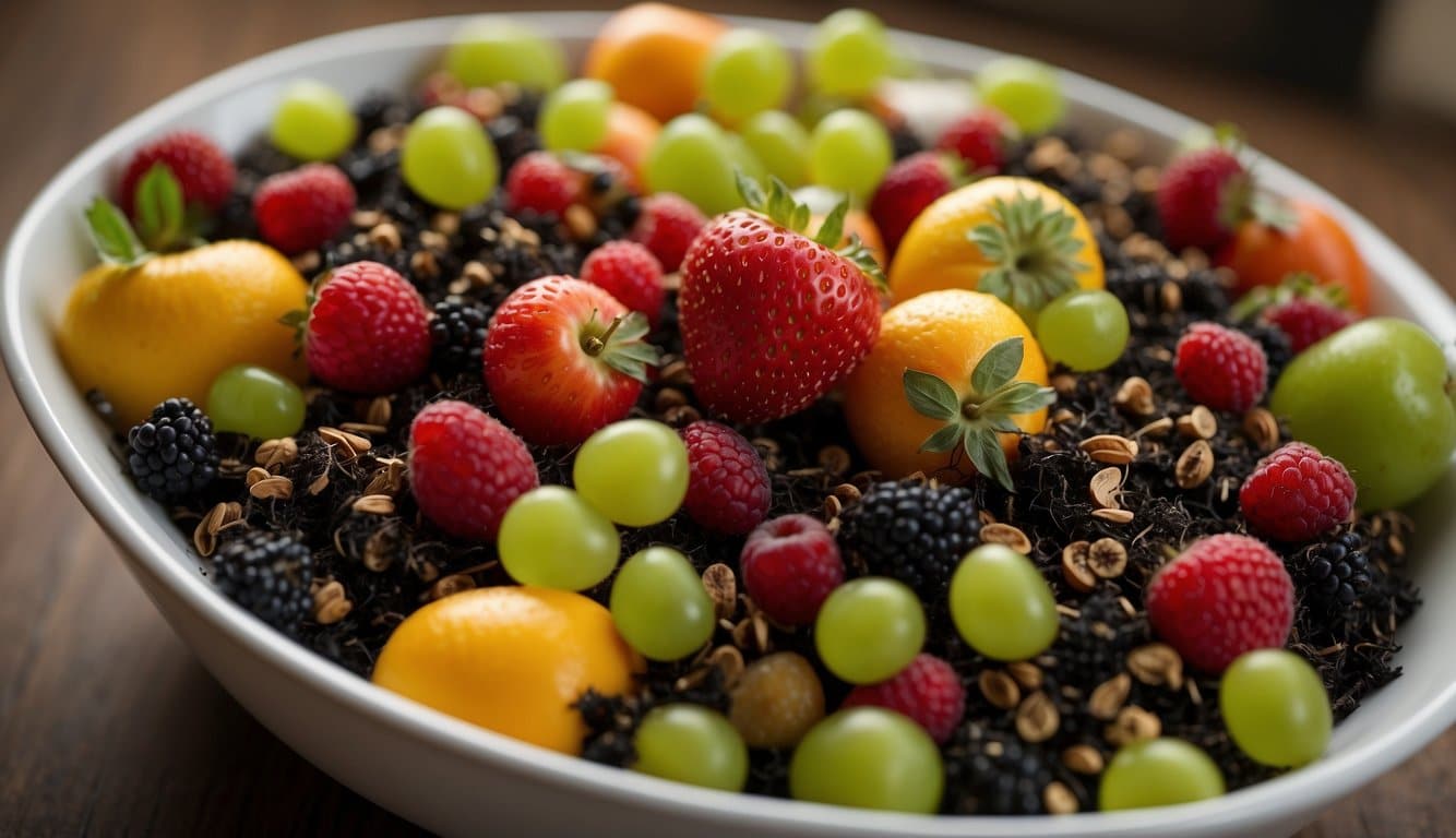A bowl of ripe fruit surrounded by vinegar traps and covered compost bins to prevent fruit fly infestations