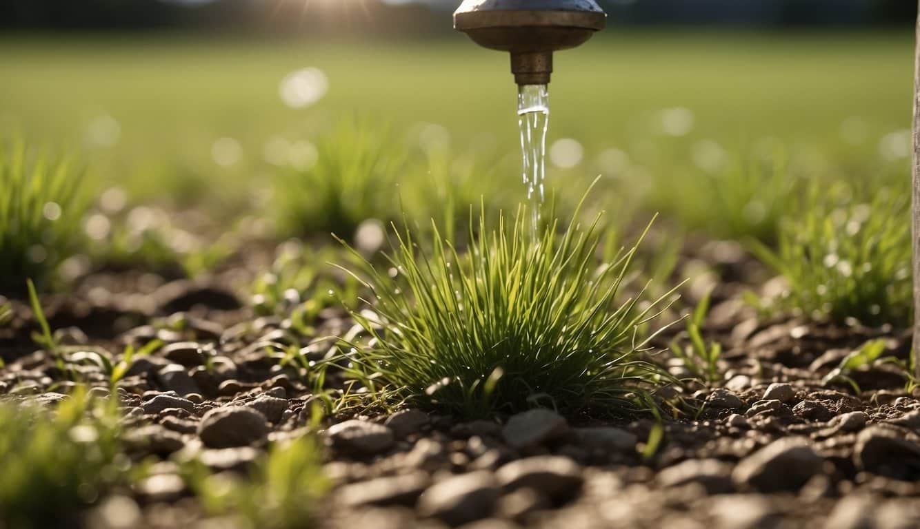 A dry, cracked lawn in Missouri with wilted grass and parched soil. A hose and sprinkler system are watering the area, while a person spreads fertilizer and grass seed to revive the lawn