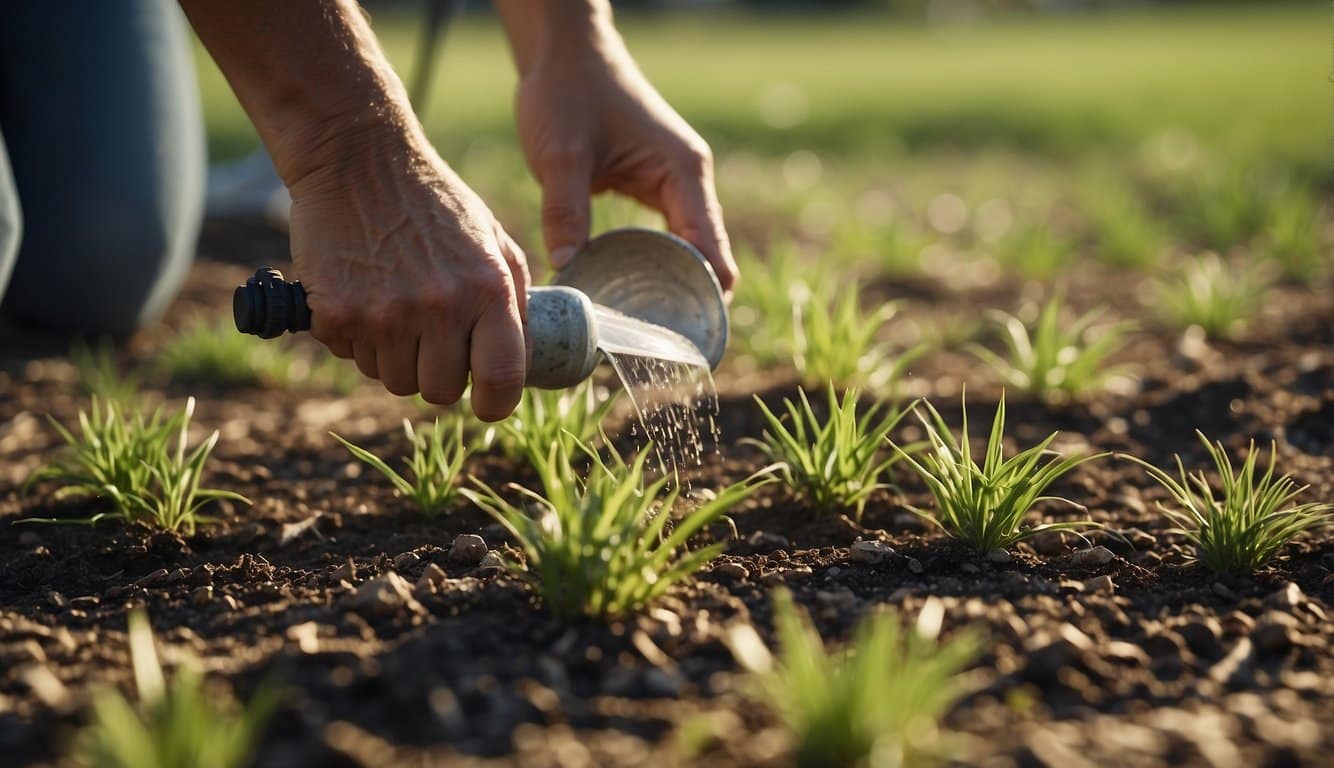 A dry, cracked lawn in Missouri is being reseeded and over-seeded, with a person spreading seeds and watering the ground to revive it