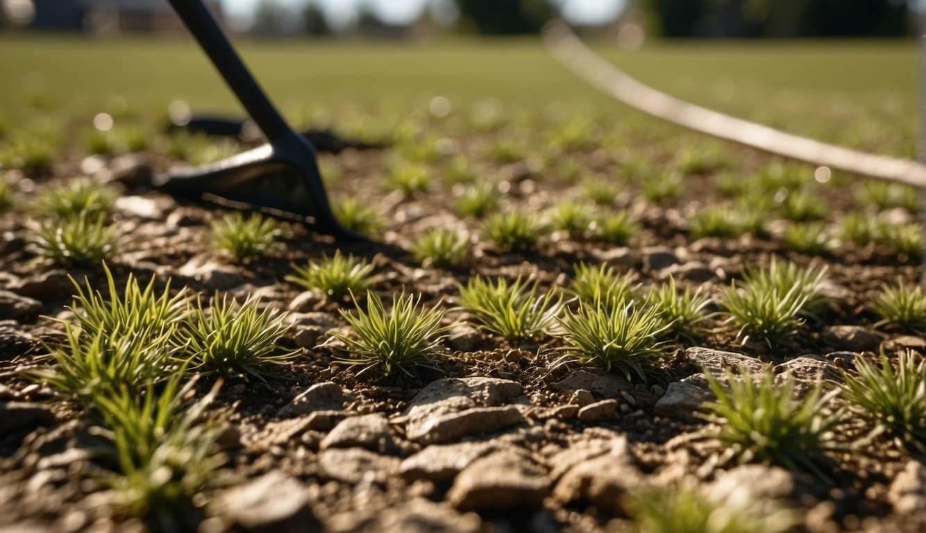 A dry, cracked lawn in Missouri. Dead grass and brown patches. A hose and sprinkler system watering the parched earth. A bag of fertilizer and a rake nearby