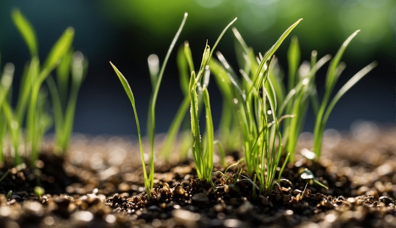 Green grass seed sprouts and grows, taking 5-30 days. Sunlight and water help it thrive