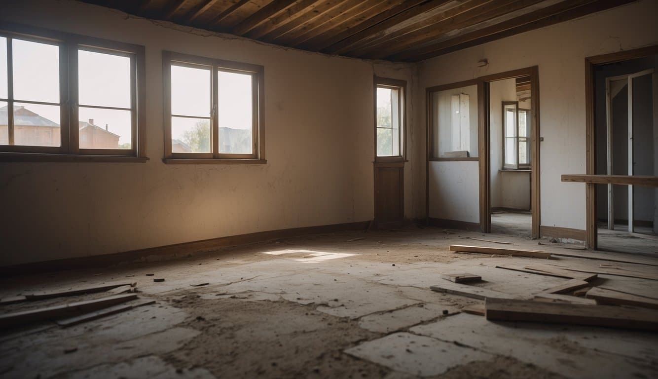 A house with exposed walls being renovated, with holes being sealed to prevent mice from entering