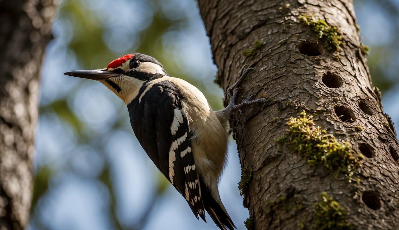 A woodpecker pecks at a tree, leaving behind holes and damage. Nearby, a homeowner sets up deterrents to get rid of the woodpeckers