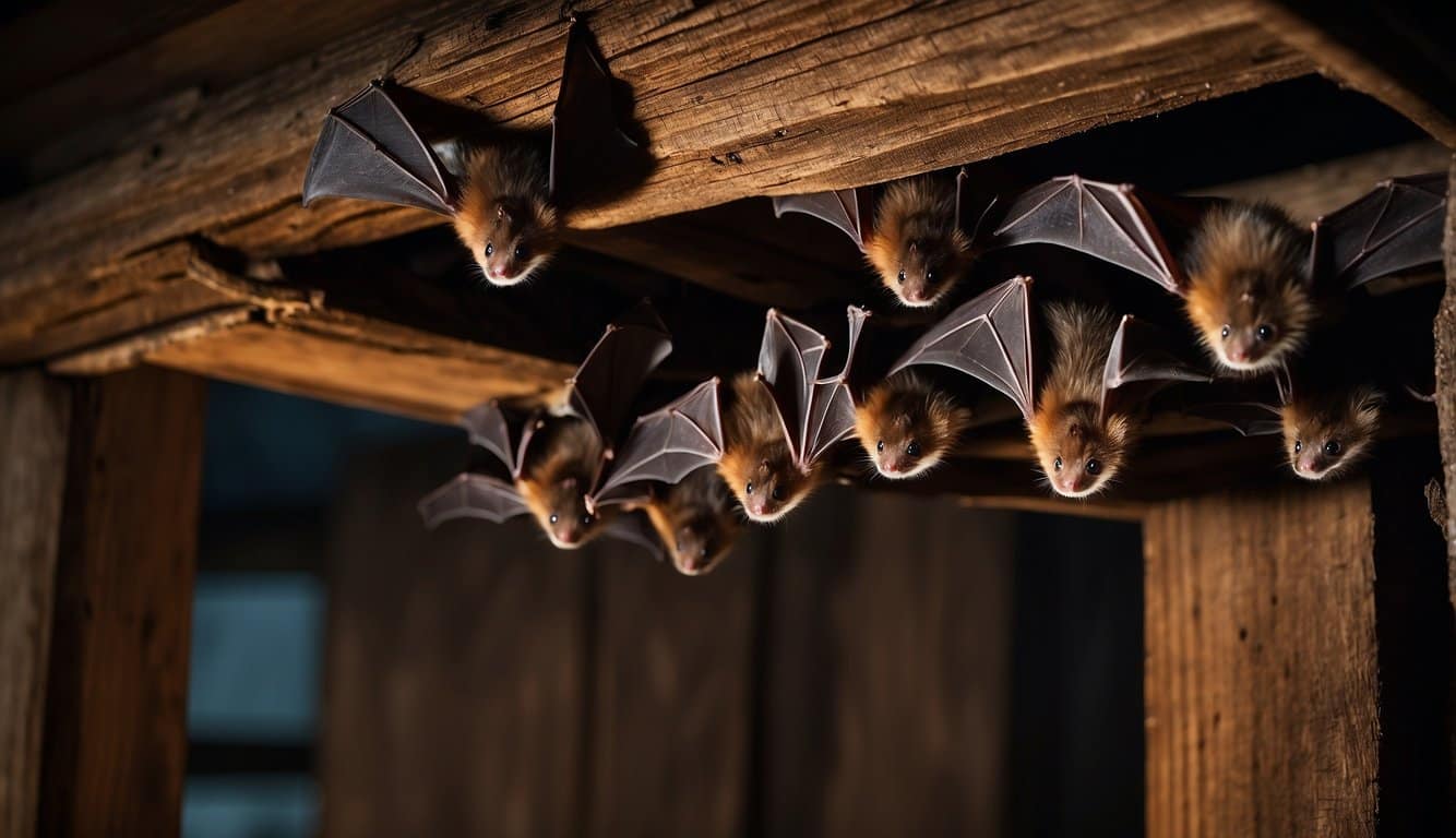Bats roosting in dark, secluded areas like caves, attics, and tree hollows. Illustrate bats flying out of a house with sealed entry points