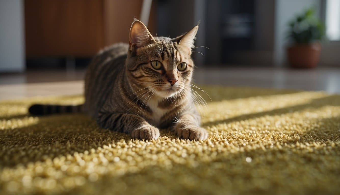 A cat urinates on a carpet. A person sprays enzymatic cleaner and opens windows. The odor diminishes