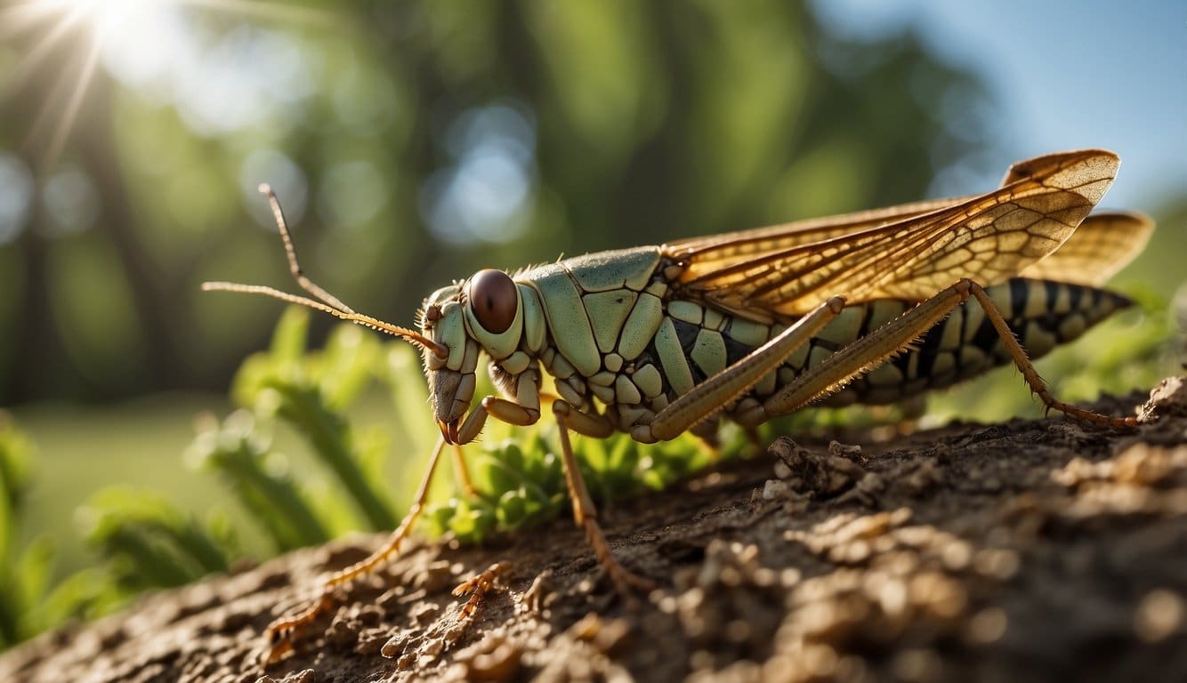 A swarm of locusts devouring a field of crops, while a lone cicada perches on a tree, sipping sap from the bark