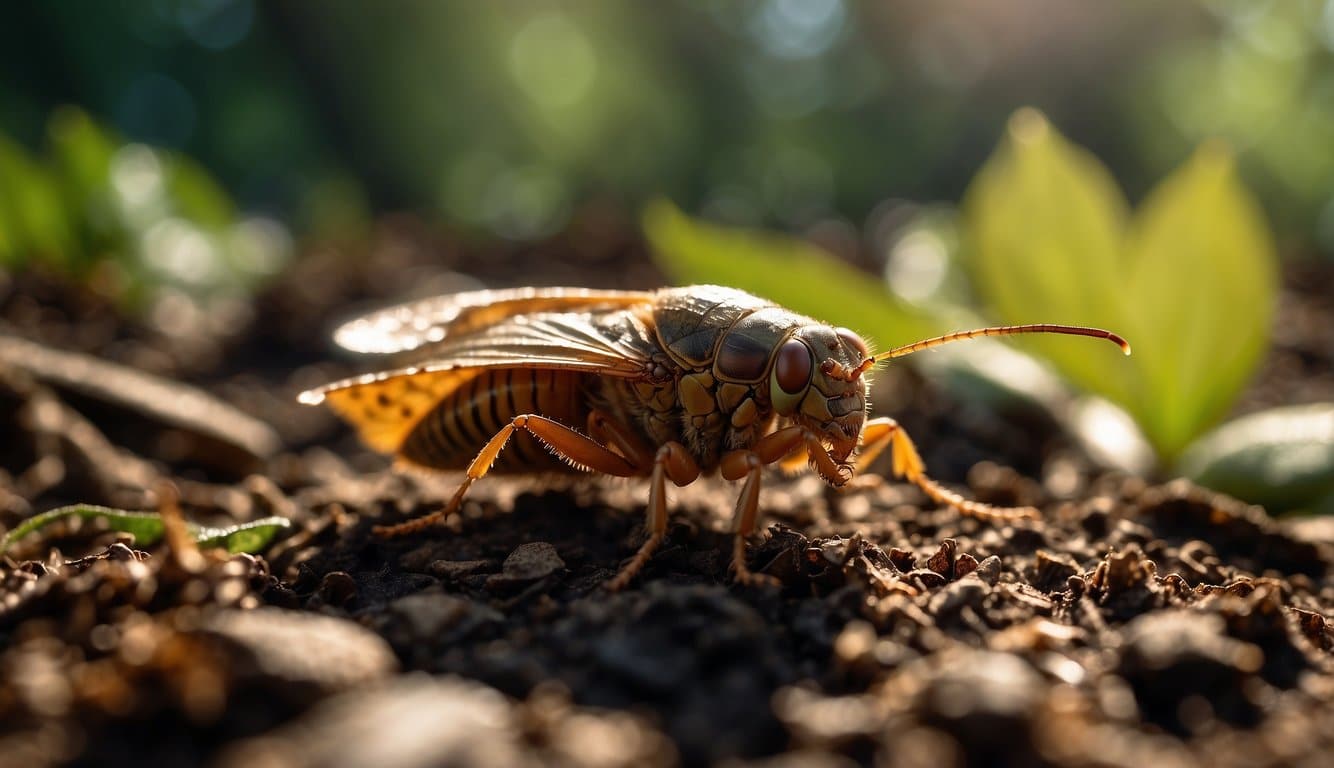 Cicadas emerging from the ground, surrounded by leaf litter and soil, with the sun shining overhead