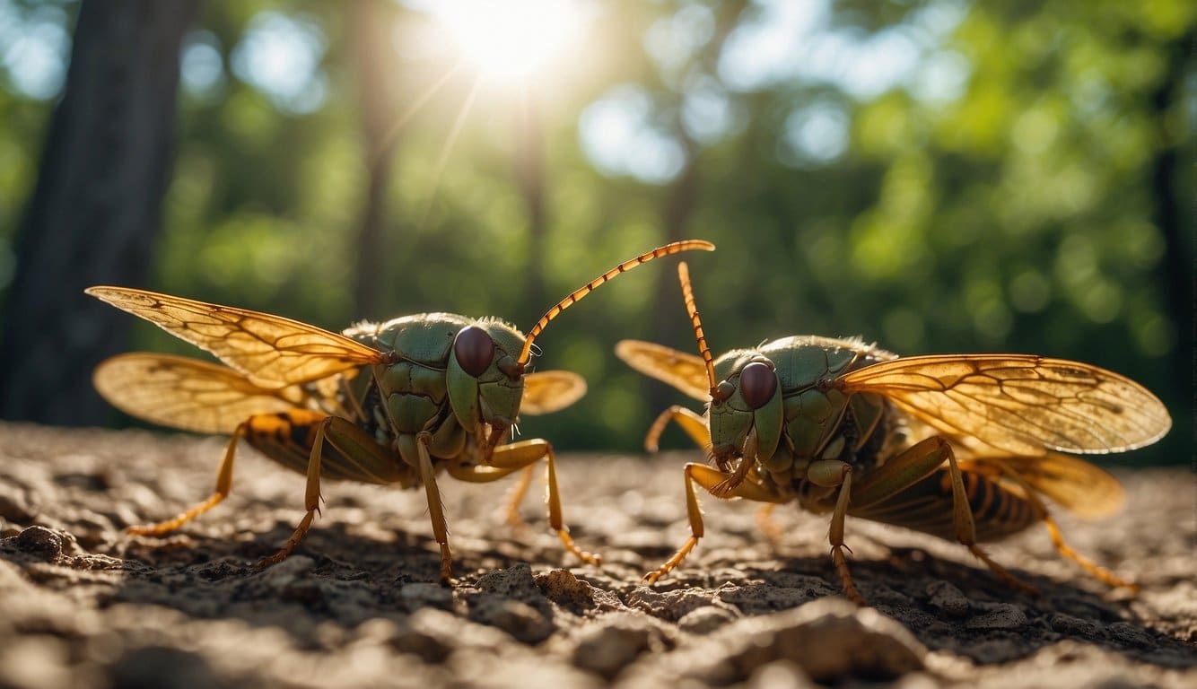 Cicadas emerge from the ground in synchronized patterns, filling the air with their buzzing calls. The trees are adorned with their exoskeletons as they molt and take flight