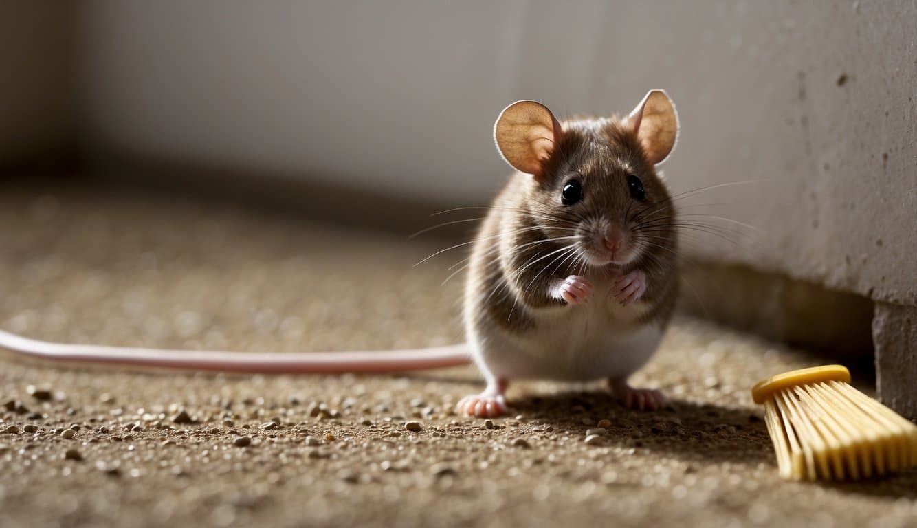 A mouse squeezes through a small gap in the wall, drawn to crumbs and spills on the floor. A broom and disinfectant sit nearby, ready for action