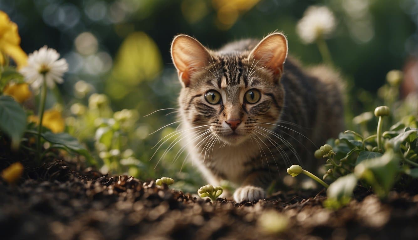 Mice scurrying through a garden, nibbling on plants and leaving droppings. A cat lurking nearby, ready to pounce