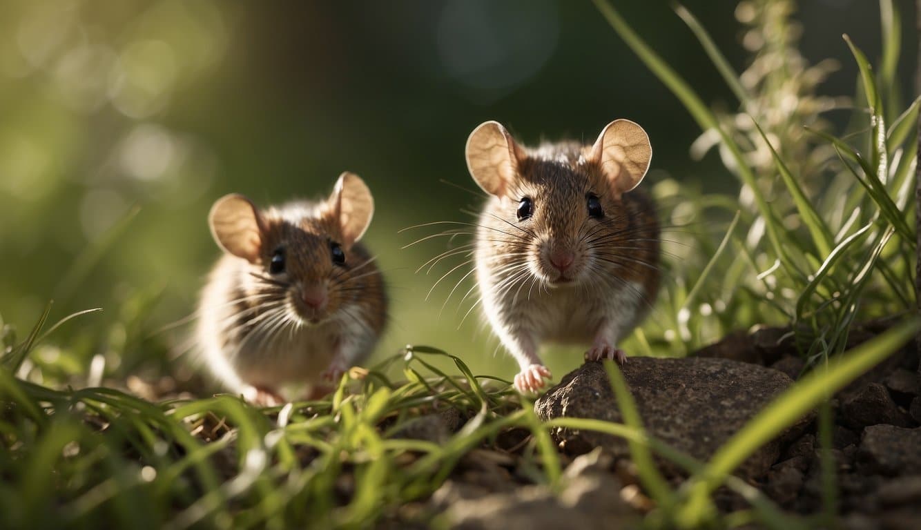 Yard mice scurry through tall grass, foraging for food. They navigate around rocks and fallen branches, seeking shelter and avoiding predators