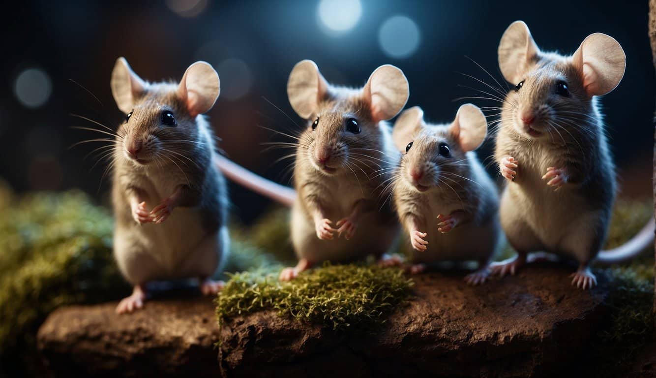 A group of mice showcasing their incredible skills and abilities, such as climbing, jumping, and problem-solving. They are surrounded by various objects and obstacles to demonstrate their agility and intelligence