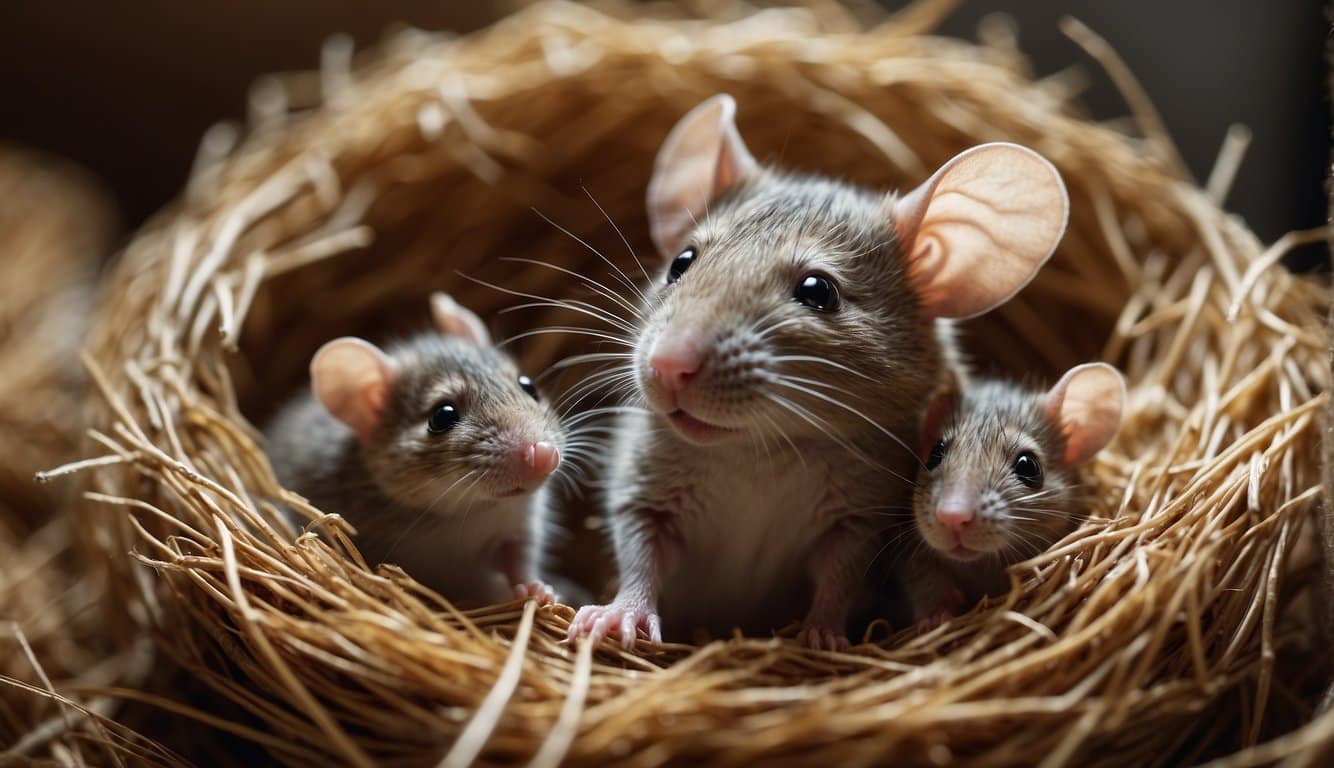 A female mouse gives birth to a litter of tiny, hairless pups in a cozy nest made of shredded paper and straw. The mother diligently nurses and cares for her babies as they grow and develop