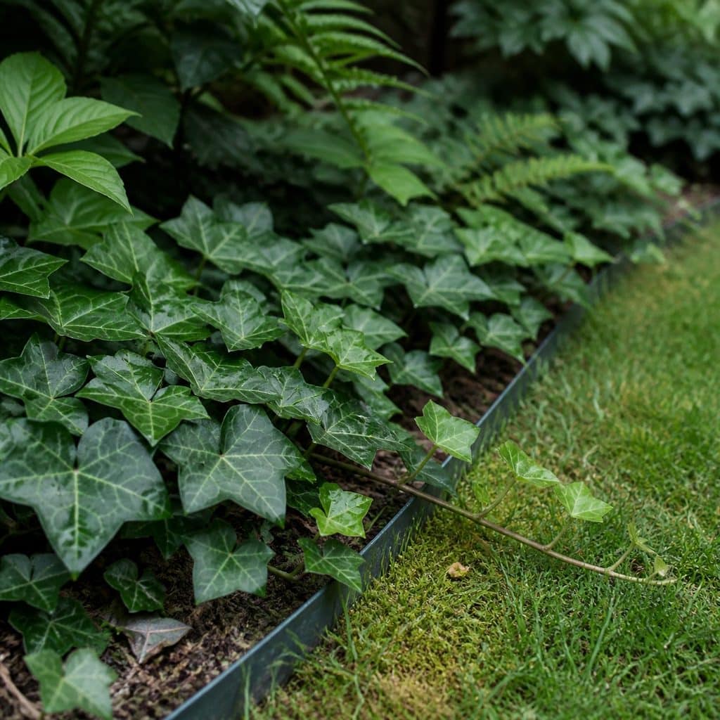 English ivy creeping over a garden edge toward a lawn