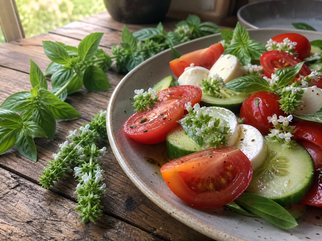 Fresh basil flowers and tender basil leaves served with a tomato and mozzarella salad