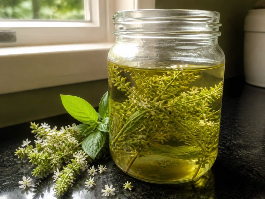 Glass jar of herb vinegar infused with basil flower spikes and basil leaves