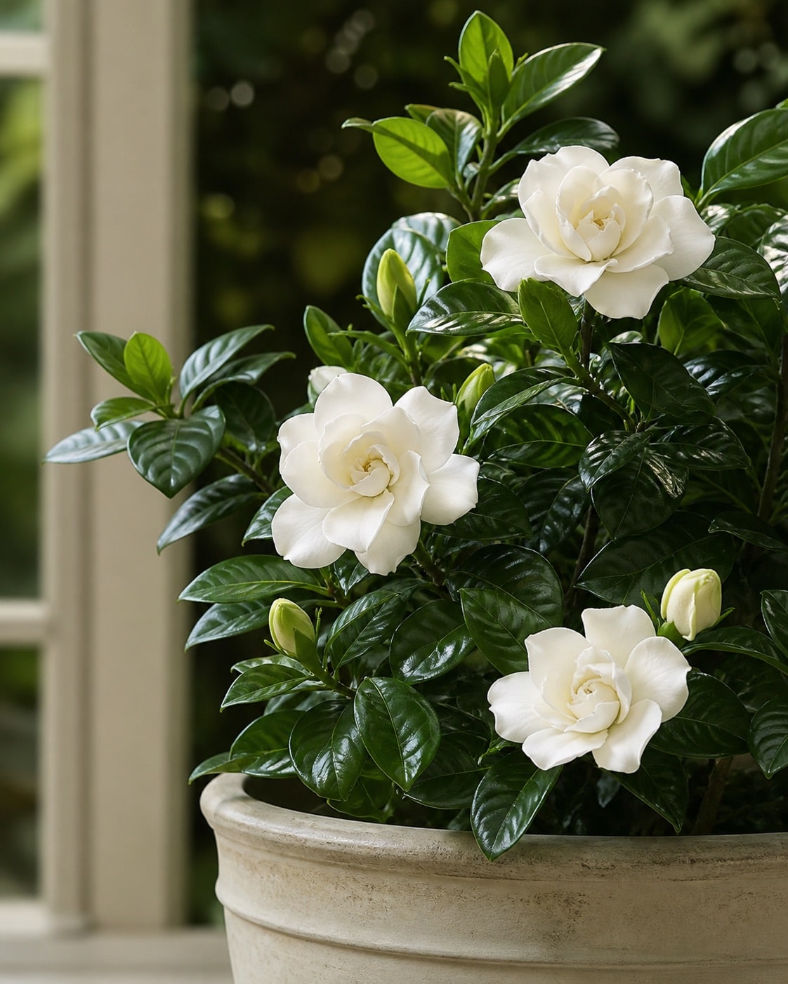Gardenia with white flowers and glossy leaves