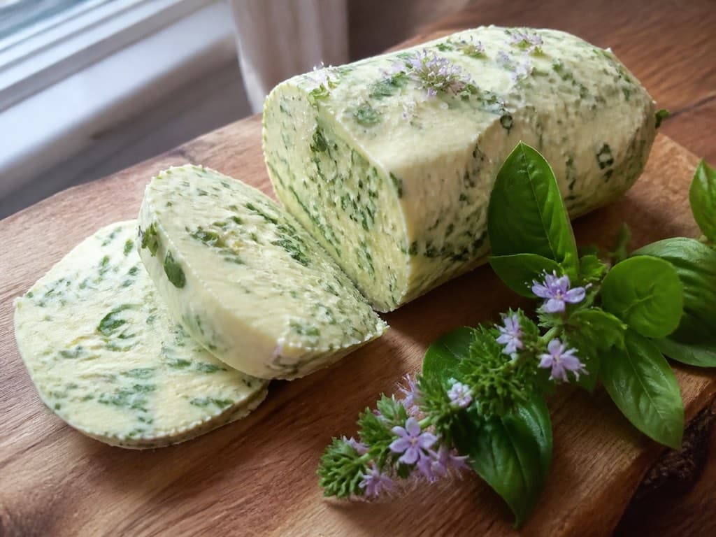 Slices of basil-flower compound butter with fresh basil flowers on a wooden board