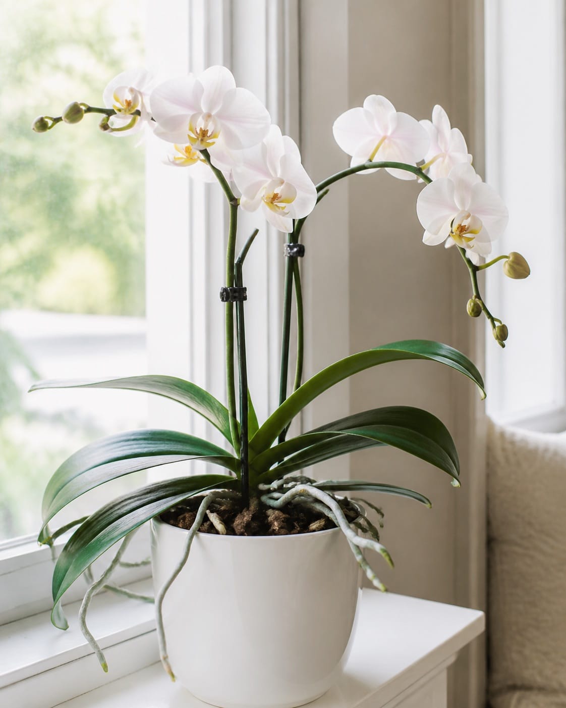 Moth orchid blooming beside a window
