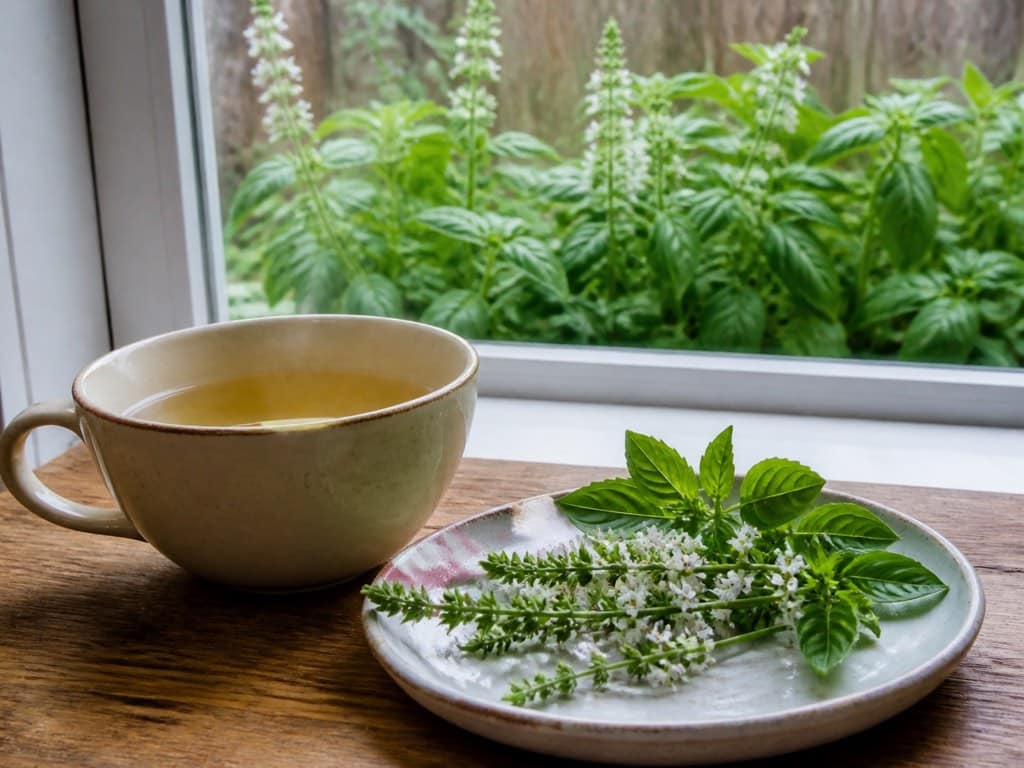 Cup of basil-flower herbal tea beside fresh basil flower spikes and leaves