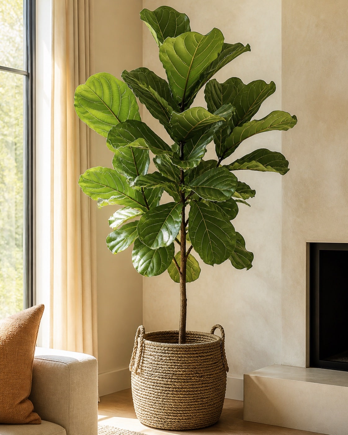 Fiddle-leaf fig in a woven planter