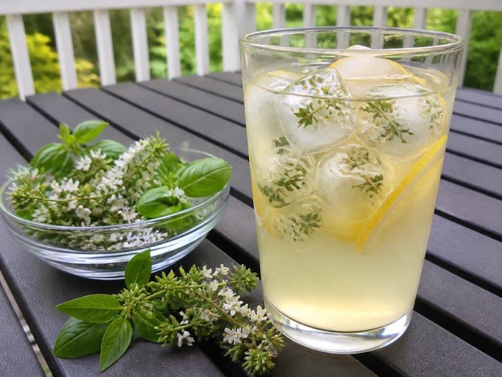 Lemonade with ice cubes containing tiny basil flowers beside fresh basil sprigs