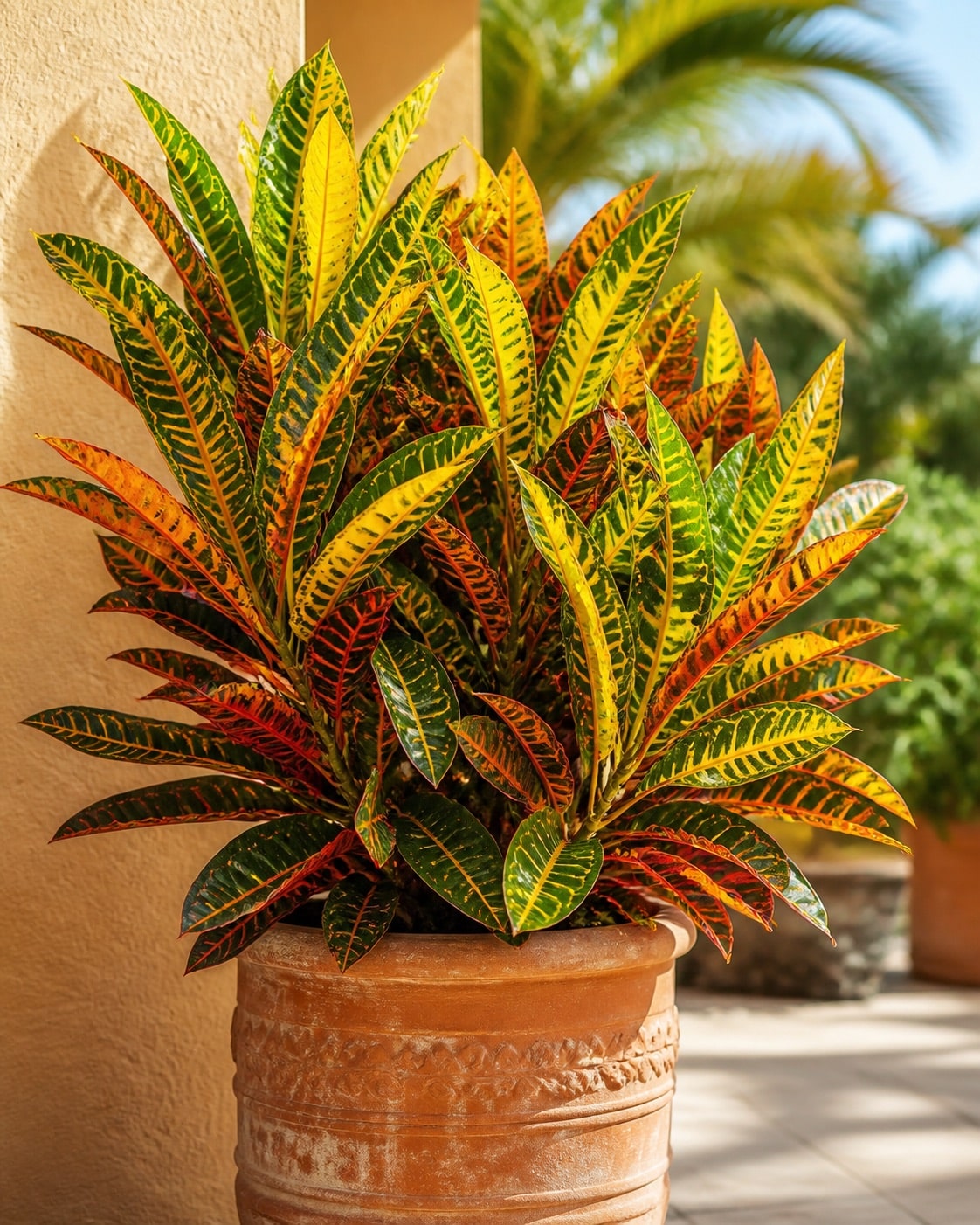 Colorful croton plant in a terracotta pot