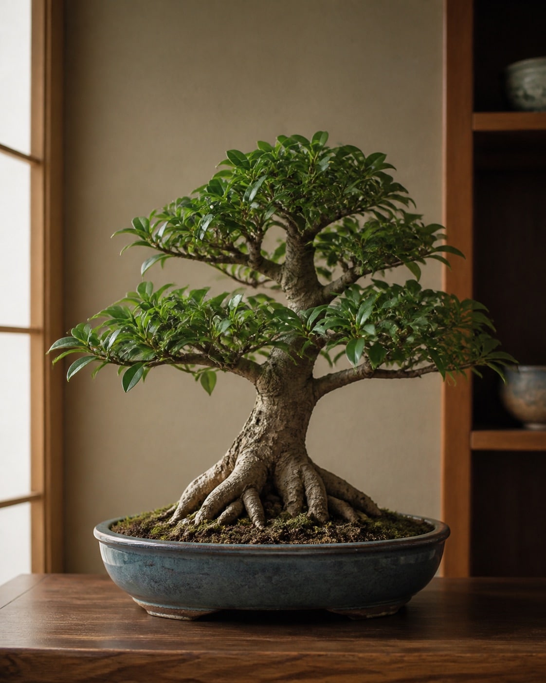 Indoor bonsai tree in a ceramic pot
