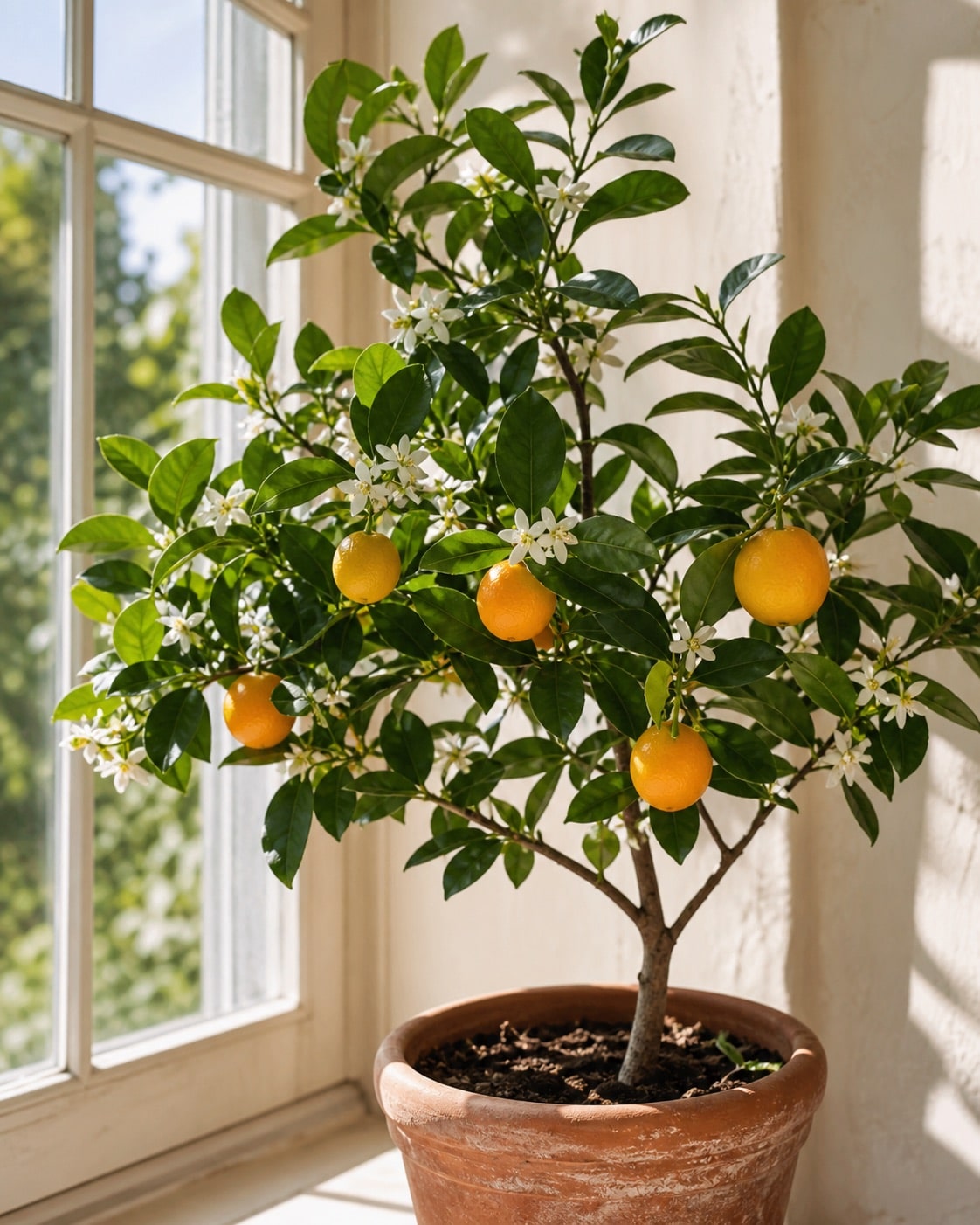 Potted citrus tree with fruit and flowers