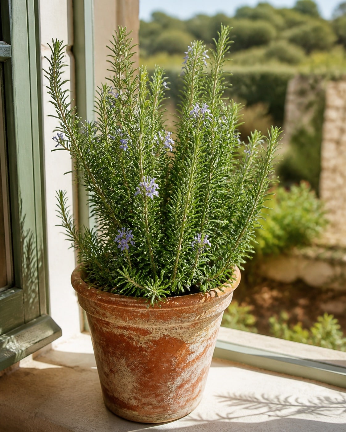 Potted rosemary plant in sunlight