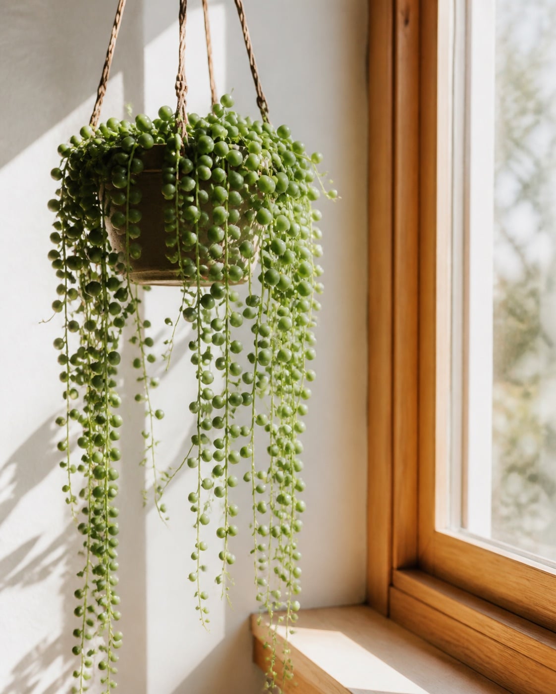 String of pearls trailing from a hanging planter