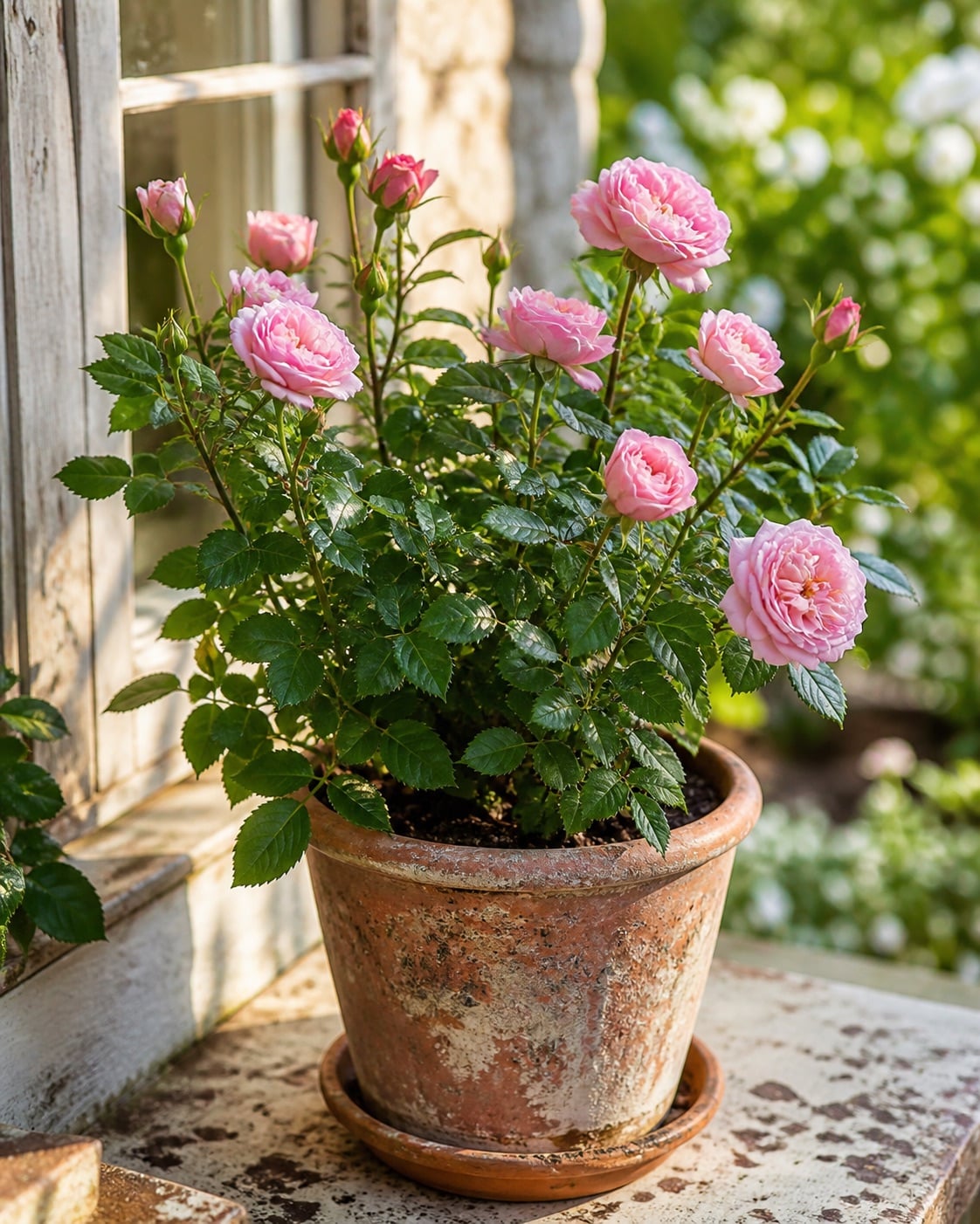Miniature rose plant with pink blooms