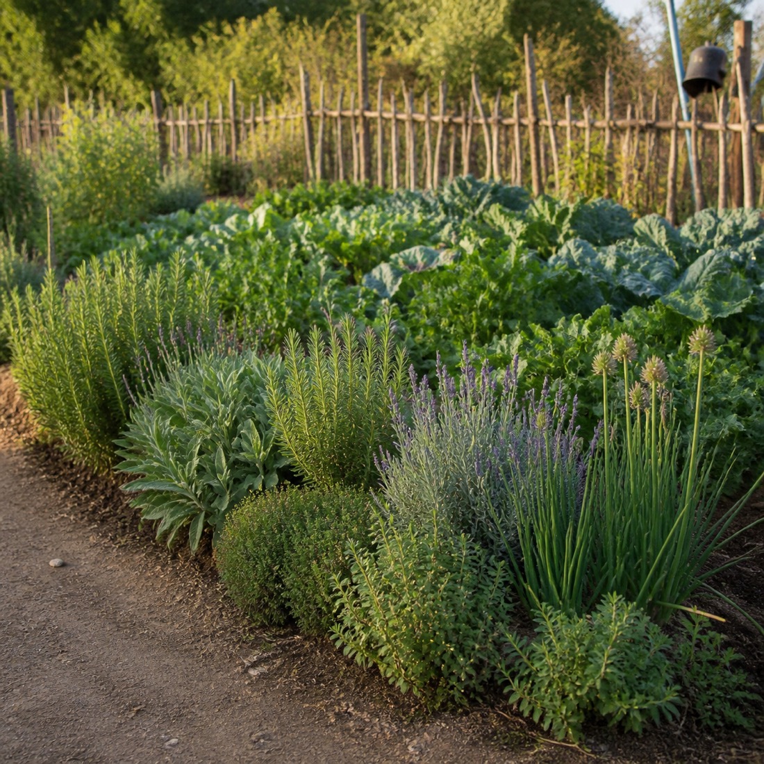 Aromatic herb border around a vegetable garden