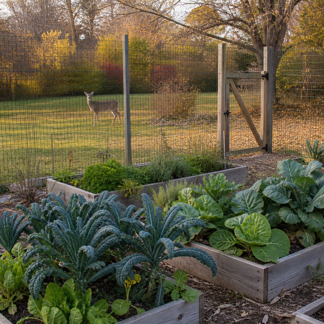 Fall vegetable garden protected from deer with fencing and netting
