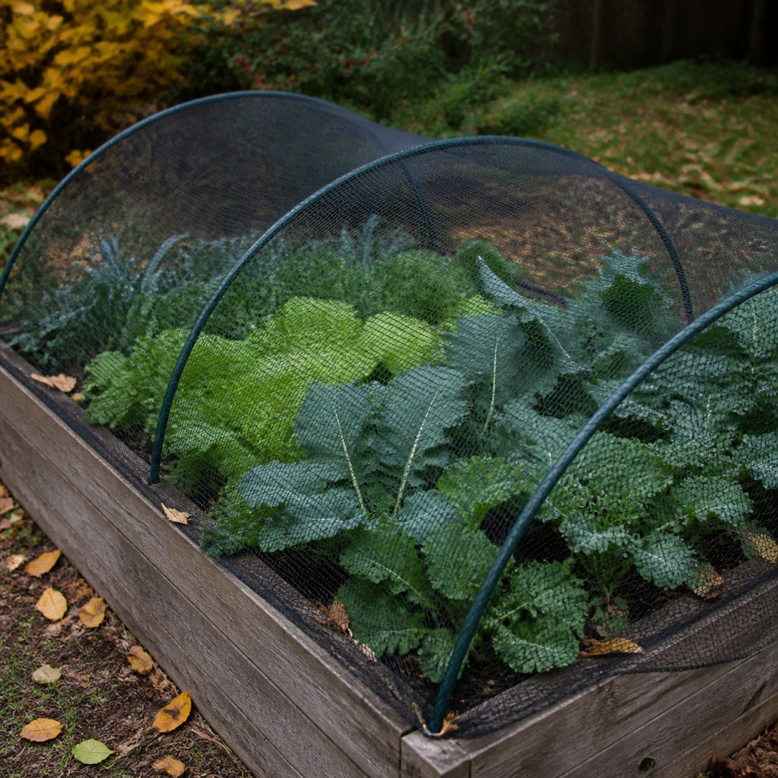 Deer netting secured over a raised garden bed