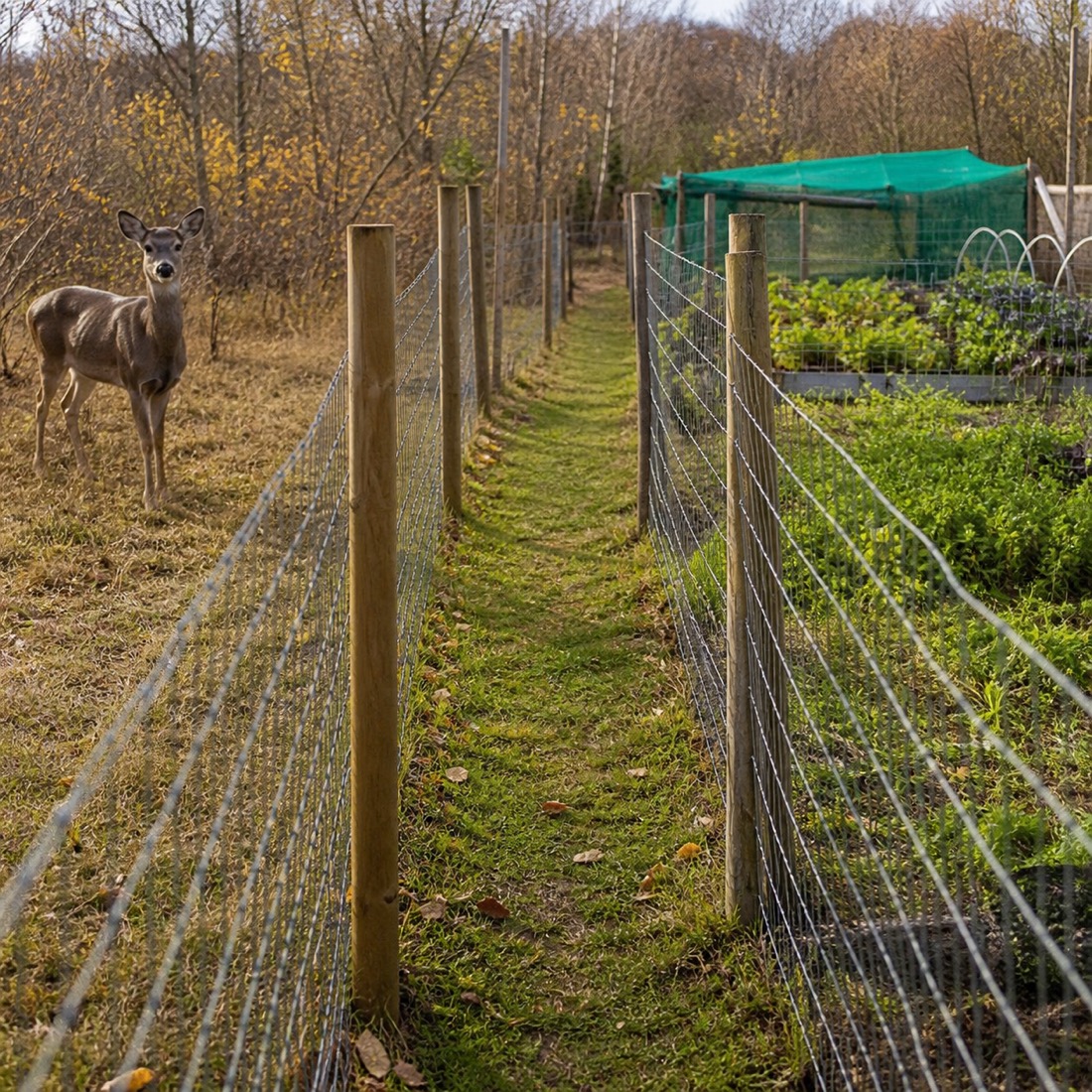 Double fence around a vegetable garden to deter deer
