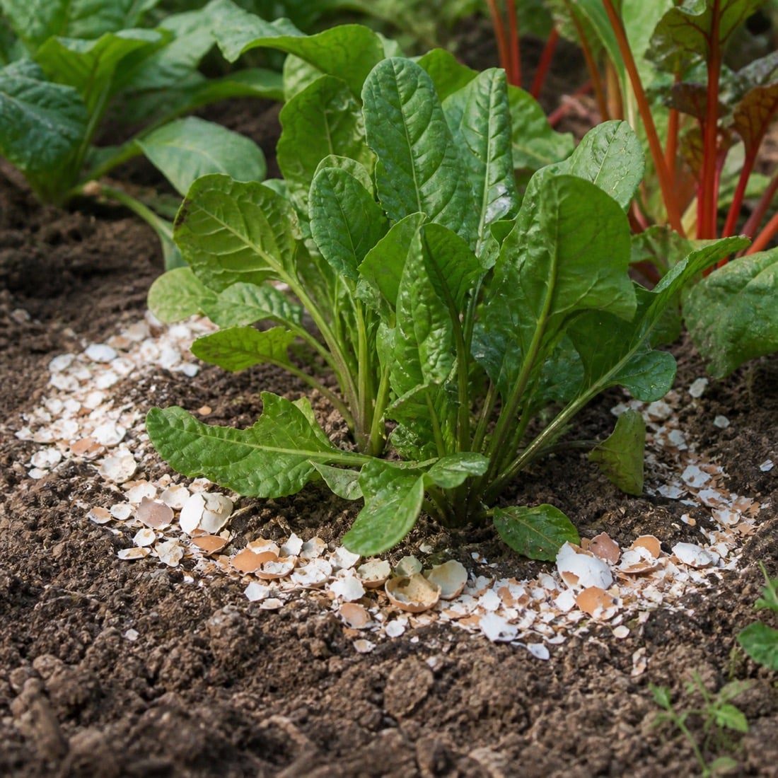 Crushed eggshells scattered around fall garden greens