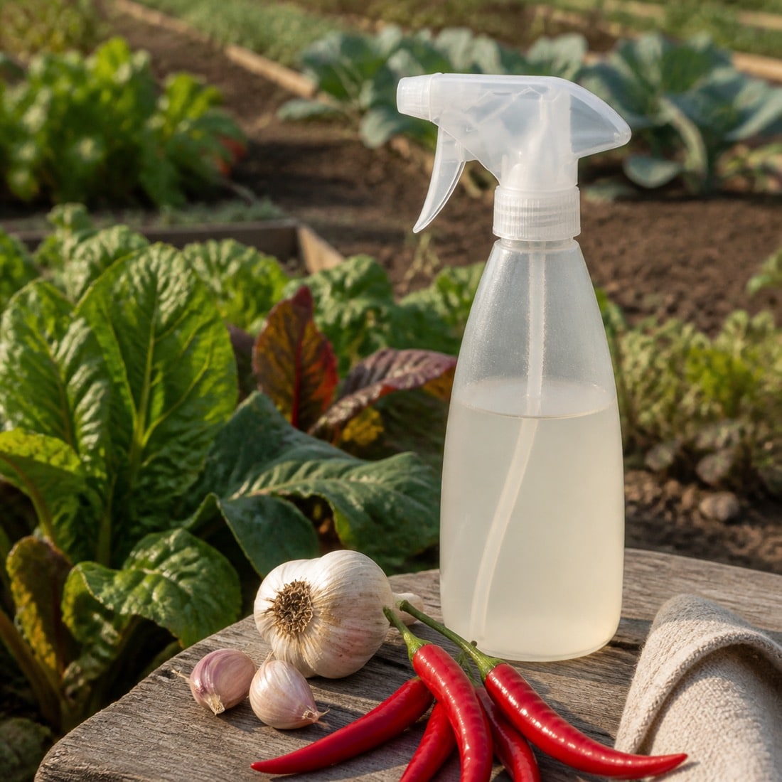 Garlic, hot peppers, and a spray bottle beside a fall garden