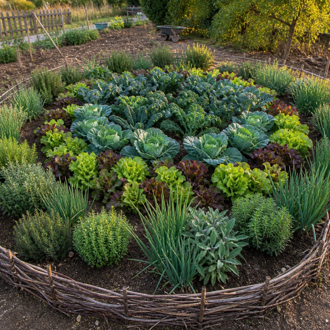 Layered vegetable garden layout with crops protected in the center