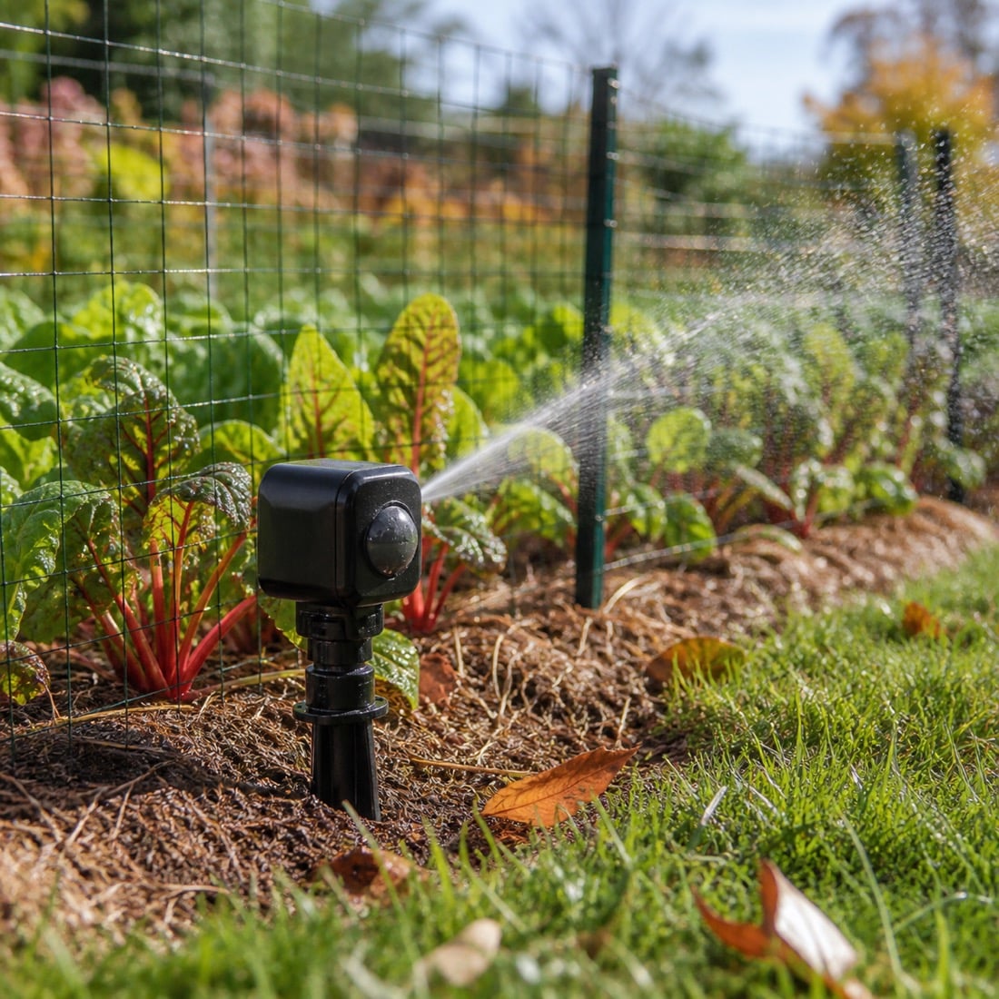 Motion-activated sprinkler spraying beside a protected garden