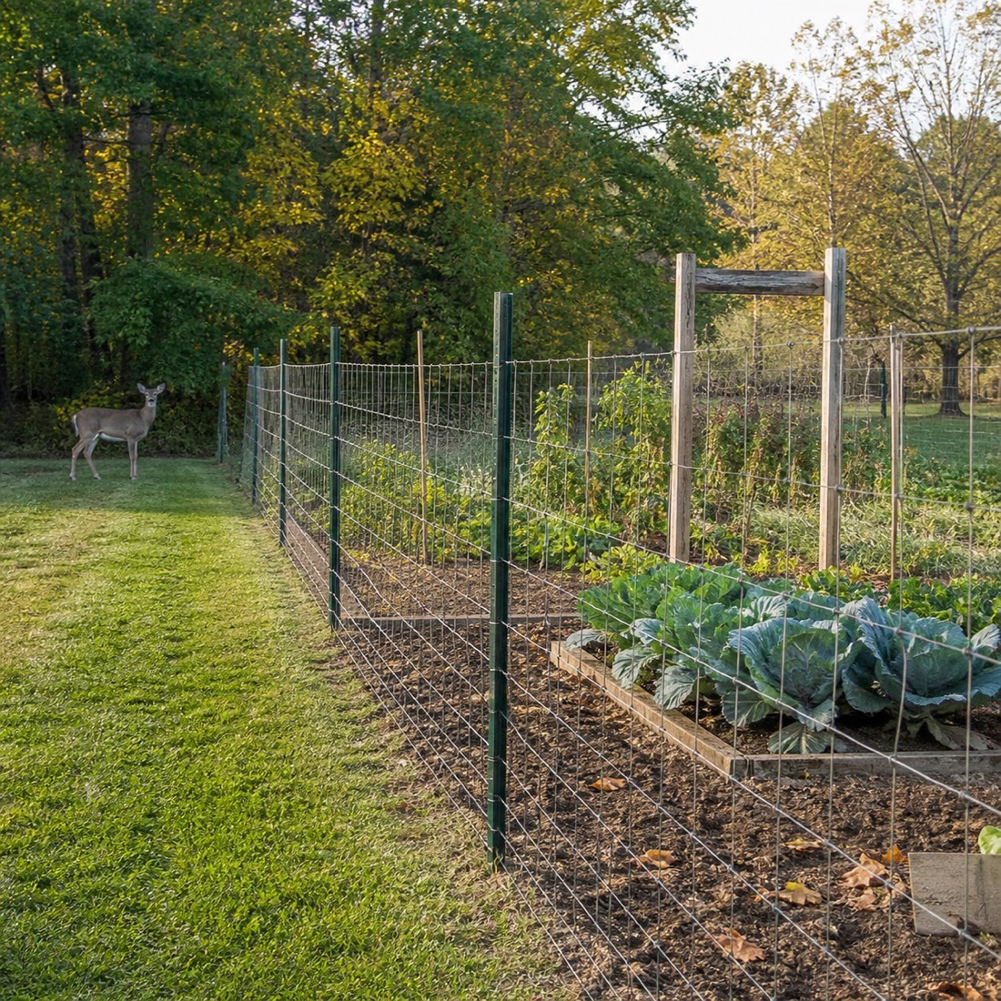 Open garden perimeter with clear paths around the beds