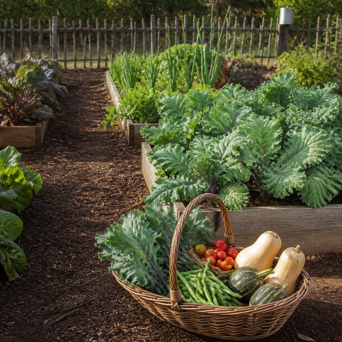Freshly harvested fall vegetables and a cleaned garden bed
