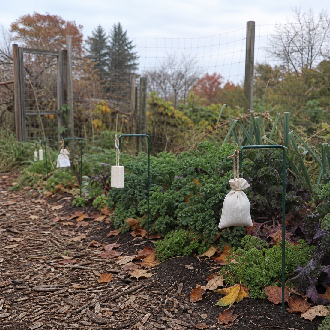 Scent sachets and soap hanging along a fall garden perimeter