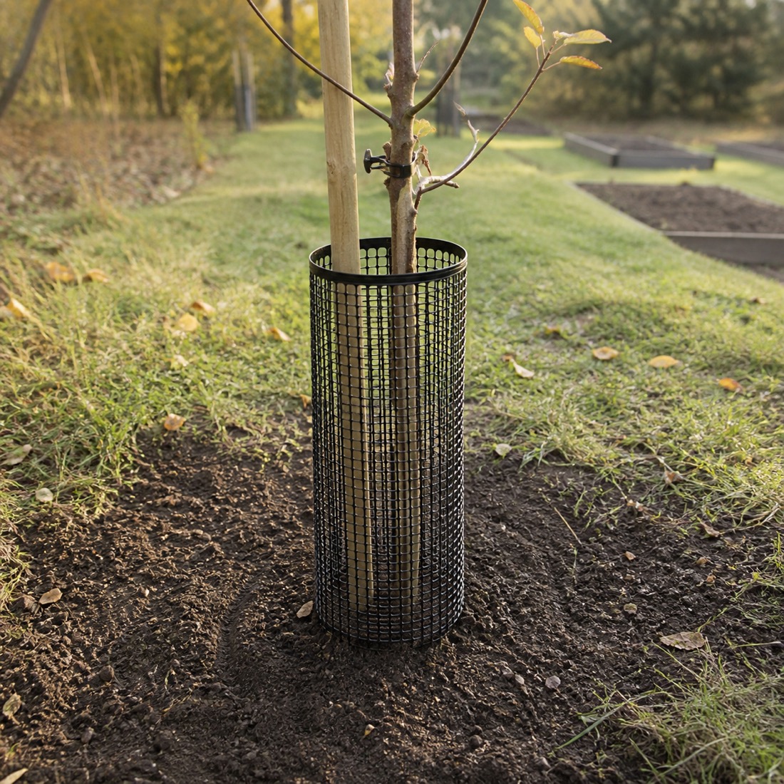 Mesh trunk guard protecting a young garden tree