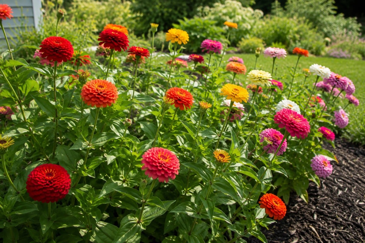 Colorful red, orange, yellow, pink, and white zinnias blooming in a sunny late-summer garden bed