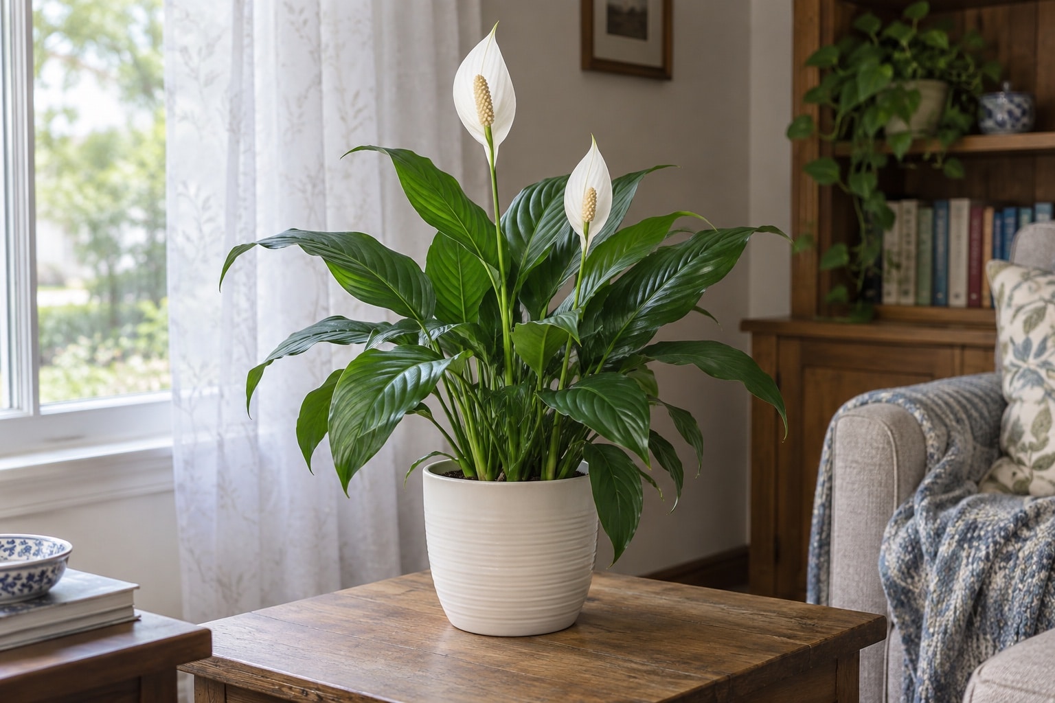 Flowering peace lily in a cream pot beside a sheer-curtained window (AI-generated illustration).