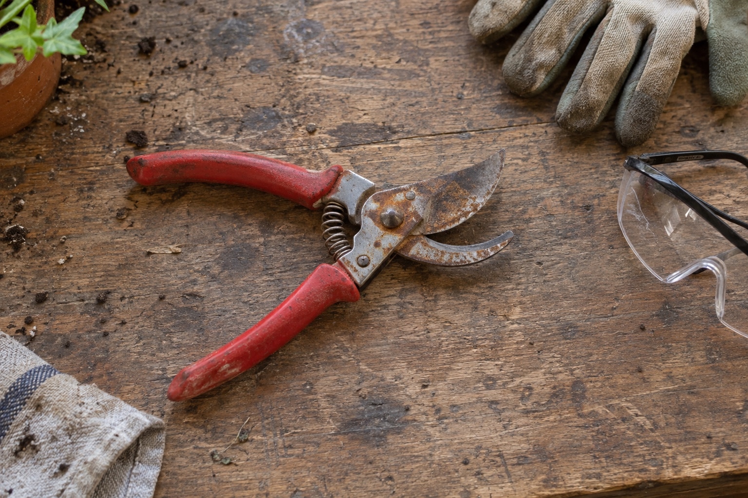 Rust-speckled red-handled bypass pruners on a workbench beside gloves and safety glasses (AI-generated illustration).